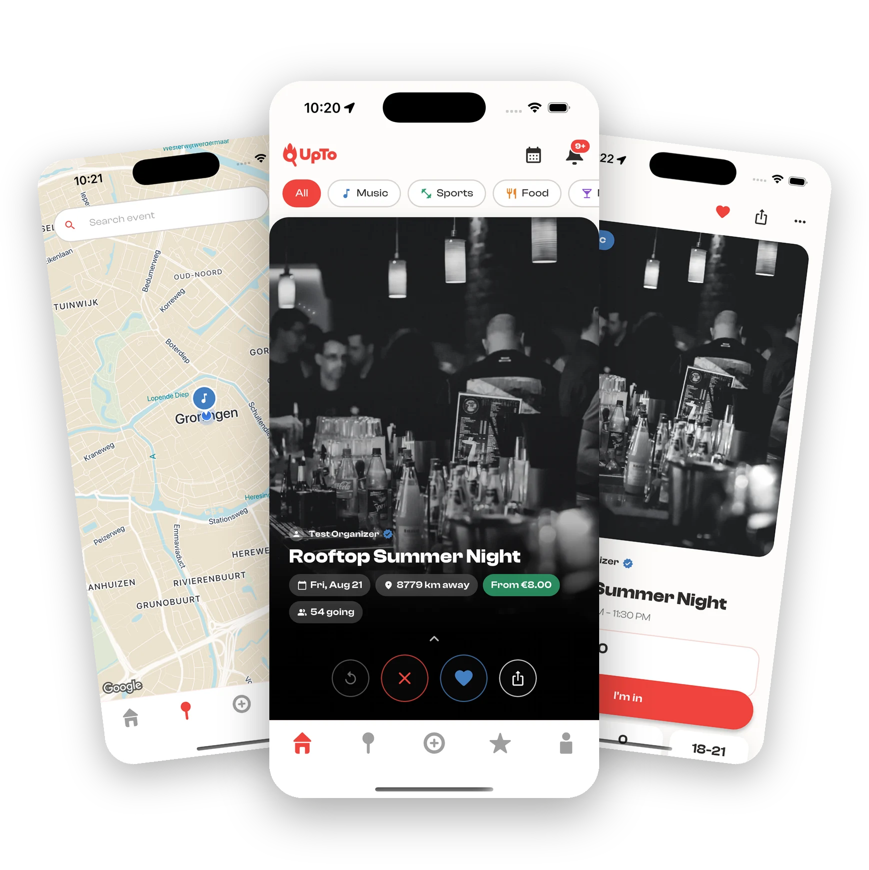 UpTo app screens: the live map, Discover and an event page