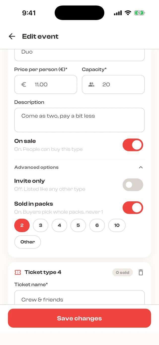 A ticket type sold in packs of 2, with the On sale and Invite only switches
