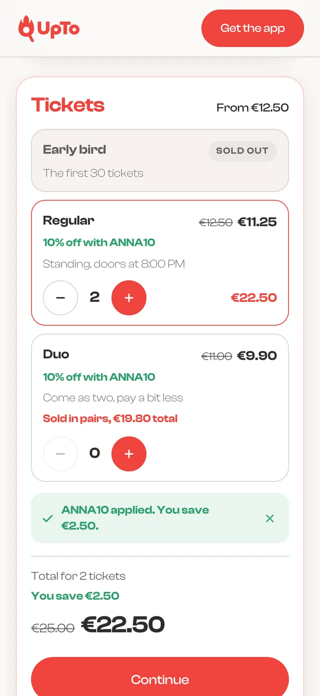 Two tickets picked on upptoapp.com with a 10% code applied: €22.50 instead of €25.00