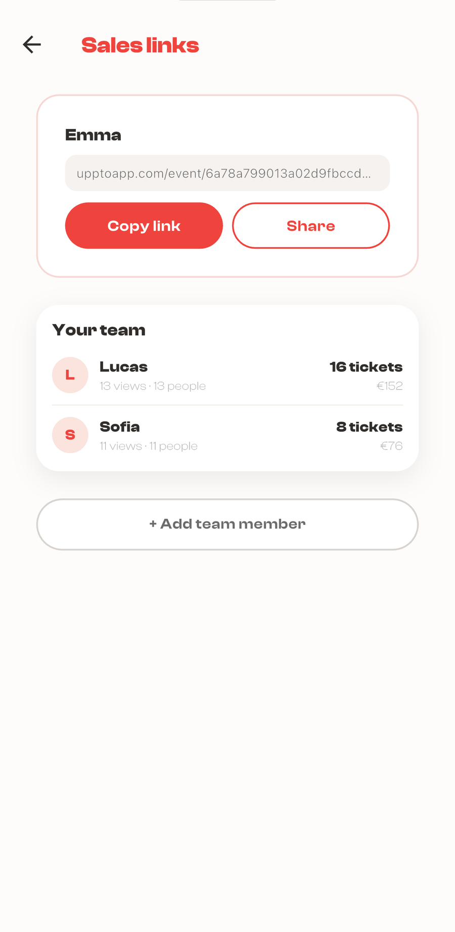 The UpTo app: named sales links for each committee member