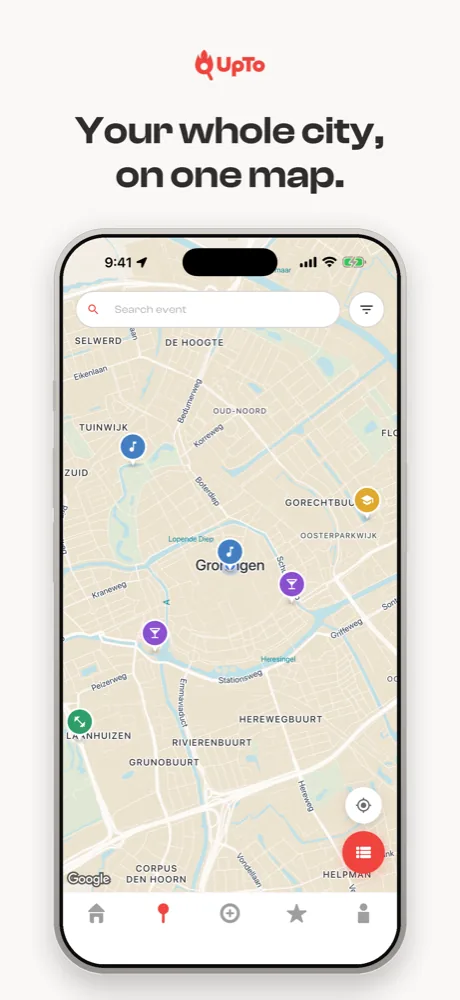 UpTo map of Groningen with event pins